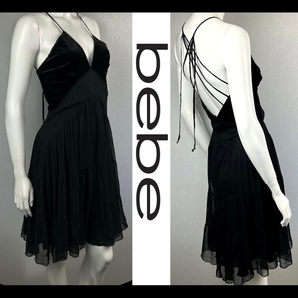 bebe Dresses & Skirts - ❗️SOLD❗️NWT Bebe Velvet & Silk Strappy Backless Busty Little Black Mini Dress